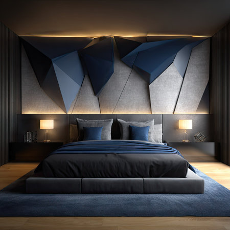 A contemporary bedroom showcases a striking geometric wall design in shades of gray and blue, complemented by soft lighting. The bed features dark bedding with a blue throw, set against dark walls. This image suggests concepts applicable to architecture, interior design projects, and home decor editorials.の素材