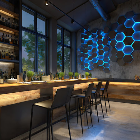 An interior scene showcases a modern bar featuring a wooden counter and stools. Geometric wall art, illuminated with blue light, adds a contemporary touch. The composition utilizes natural light from large windows, with a view of green foliage. Suitable for promotional content, this image conveys a stylish atmosphere.の素材