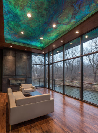 A contemporary living room features a vibrant, multi-colored ceiling with recessed lighting. The room has large windows offering expansive views of a wooded area. A neutral-toned sofa and wooden flooring complement the design, creating a stylish and open interior. This space could be used for architectural design, home decor, or interior design projects.の素材