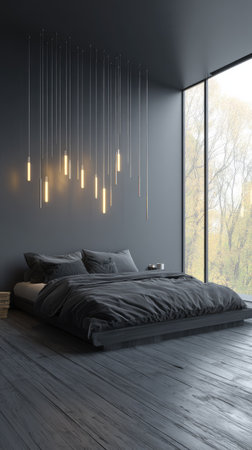 A modern bedroom features dark gray walls, bedding, and flooring. Overhead, pendant lights illuminate the space, while a large window provides natural light. The composition includes a bed, nightstand, and outdoor view. This image could be used for interior design, home decor, or lifestyle content.の素材