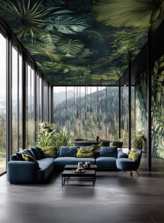 A modern living space features a sectional sofa and coffee table. Large windows frame a forested exterior scene, with a ceiling mural depicting lush foliage. The color palette includes greens, blues, and natural wood tones, creating a peaceful, airy atmosphere. This image is suitable for interior design and lifestyle content.の素材