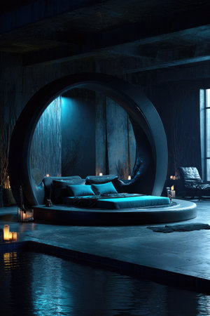 A contemporary bedroom showcases a unique circular bed design, illuminated by soft blue lighting. The scene features a minimalist aesthetic with dark textures and ambient lighting, suggesting a night setting. It evokes a sense of tranquility suitable for lifestyle, design, or architectural themes. The design might be suited for visual projects, illustrations, and design presentations.の素材