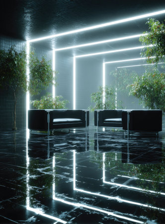 This image showcases a modern lounge area with black square sofas and lush green plants. The composition features a reflective floor that mirrors the arrangement. Bright neon lights frame the space, creating a clean, futuristic ambiance. Suitable for use in designs related to interior design or architectural themes.の素材