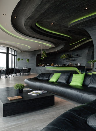 This image showcases a modern interior design with a sleek, curved ceiling and a stylish seating area. The color palette includes shades of black, gray, and green, creating a futuristic ambiance. The scene is well-lit, suggesting a spacious indoor environment. It could be suitable for architectural visualizations or lifestyle content.の素材