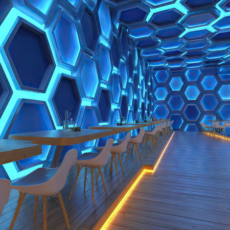 A digitally rendered interior showcases a futuristic space with a honeycomb design. Walls and ceilings feature glowing blue hexagonal panels. Empty tables and chairs are positioned in the room. This composition is suitable for commercial applications, architectural visualization, or conceptual design projects.の素材