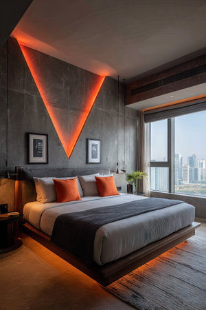 A contemporary bedroom features a large bed with orange pillows, set against a concrete wall illuminated by an abstract neon light. The room is styled with minimalist decor and includes a large window offering a cityscape view. Suitable for commercial use and architectural visualizations.の素材