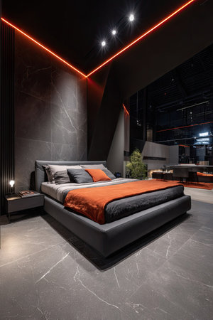 The image presents a modern bedroom interior featuring a bed with an orange blanket. The scene has a dark, moody aesthetic, accentuated by red neon ceiling lights. The composition includes a large window, suggesting an indoor setting with possible natural light. The image could be used in advertising or editorial content related to interior design.の素材