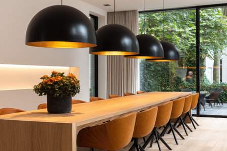 This image showcases a dining room with a long wooden table and multiple orange chairs. Overhead, several black pendant lights provide illumination. The scene is further enhanced by a large window, offering a view of the outdoor greenery. This photograph may be suitable for various interior design and lifestyle projects.の素材
