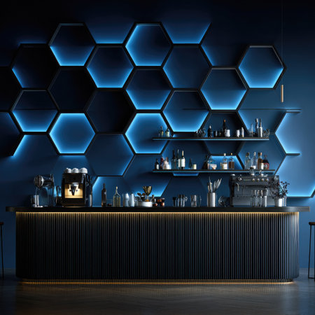 A contemporary bar showcases a stylish interior with a geometric honeycomb wall illuminated by vibrant blue lights. The scene features a counter, shelving with various objects, and professional coffee machines. The overall design suggests a sophisticated ambiance suitable for commercial applications.の素材