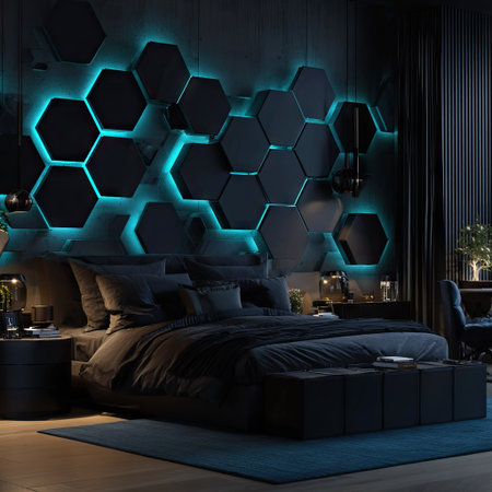 This image presents a contemporary bedroom design featuring a geometric honeycomb wall art illuminated by cool-toned lighting. The room is dominated by dark colors and shadows, complemented by soft ambient lighting, creating a futuristic and relaxing environment. The style would be suitable for architectural visualization or interior design projects.の素材