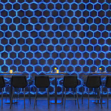 This image showcases a modern interior design with a distinctive wall pattern. It features a repeating hexagonal design illuminated with blue light. Bar stools are arranged in front of a sleek counter space. The scene is likely indoors, and the composition is suitable for diverse commercial applications.の素材