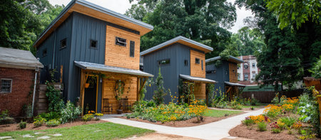 The image shows a row of modern houses with wooden and dark blue siding. The homes feature unique architectural designs with visible windows and doors. Lush landscaping, including grass and flowering plants, frames the pathway and entrance of each house. This image would be useful for commercial applications.の素材