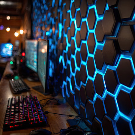 A gaming setup is showcased, featuring a black hexagonal wall panel illuminated with blue light. A glowing keyboard, monitors, and other peripherals are visible on a wooden desk. The composition uses a close-up perspective, emphasizing the technological components and the use of light and shadow, suitable for various media contexts.の素材