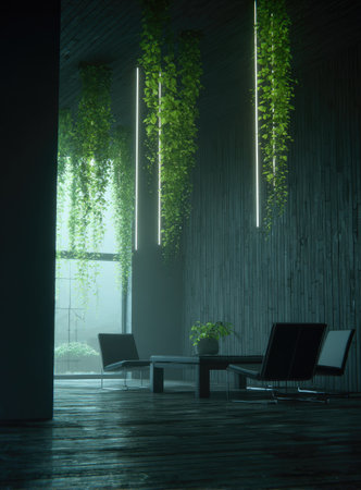 A dark, indoor setting showcases a contemporary interior design with hanging plants and vertical lights. The composition includes a table and chairs, creating a seating area. The scene is characterized by a moody atmosphere, suggestive of a modern aesthetic. Suitable for architectural, lifestyle, and design-related commercial applications.の素材