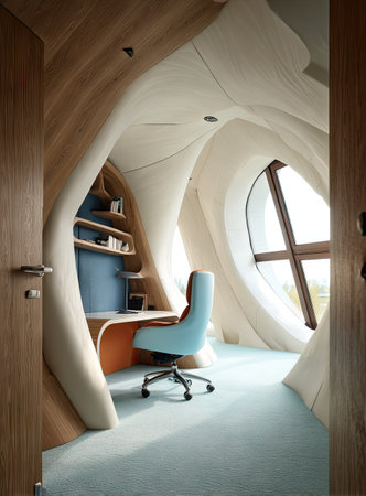 An interior design displays a unique office space. The room features curved walls and a large window that allows natural light to illuminate the interior. A blue chair sits in front of a desk. This creative design could be used in architectural visualization or modern home decor.の素材