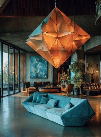 A large, geometric chandelier hangs above a blue sofa, dominating the room. Warm orange light emanates from the fixture, contrasting with the cool blue and green tones. The composition is defined by clean lines and a modern aesthetic. The image could be used for interior design, home decor, or lifestyle publications.の素材
