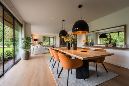 This image depicts a stylish dining room with a large wooden table and several orange chairs. The room features bright natural light, expansive windows, and a minimalist style. The composition includes pendant lights and a decorative mirror, suggesting use for architectural, design, or lifestyle publications.の素材