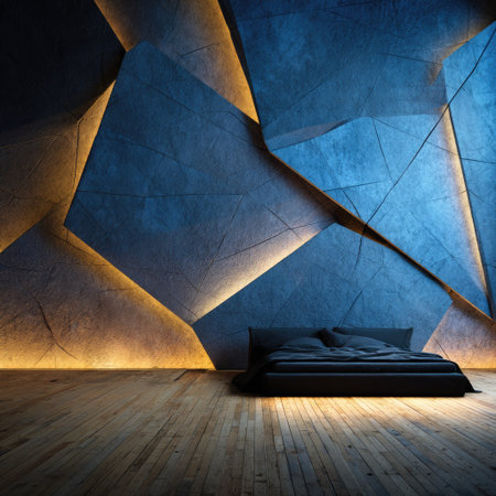 A modern bedroom features a dramatic geometric wall design, illuminated with warm lighting. The room includes a bed with dark bedding and a wooden floor. The composition showcases contrasting textures and colors, suitable for architectural, design, or lifestyle projects.の素材