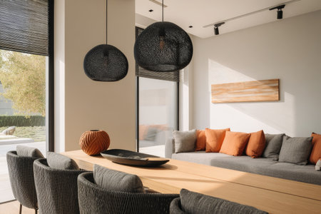 A modern dining room features a long wooden table, upholstered chairs, and a built-in bench with orange and grey cushions. Two large, black spherical pendant lights hang above the table, casting a warm glow. The interior presents neutral tones with natural light suggesting a relaxed atmosphere suitable for design concepts.の素材