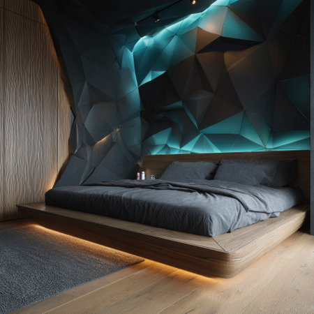 A modern bedroom features a low platform bed with gray bedding, set against a unique geometric wall. The room has soft lighting under the bed and in the ceiling. This design could be used for architectural visualizations, interior design projects, or lifestyle publications.の素材