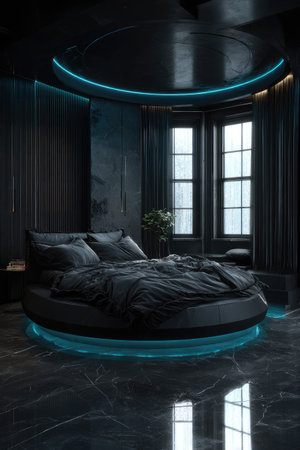 An indoor scene presents a modern bedroom with a large round bed. The color palette is dominated by dark tones, with blue lighting accents. Large windows offer natural light, while the room suggests comfort and sophistication. This imagery is suitable for interior design projects and commercial applications.の素材