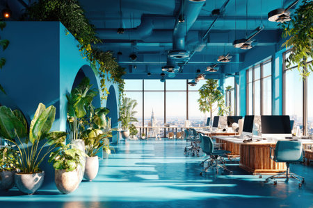 The image shows a spacious, modern office with a vibrant blue interior. Lush green plants decorate the space, complementing the large windows that offer expansive city views. Desks with computer monitors and chairs are arranged, suggesting a collaborative work environment with natural light. This image would be suitable for commercial and editorial purposes.の素材
