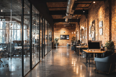 A well-lit office interior features glass walls and exposed brick. The image captures a long hallway with desks and chairs. The composition utilizes natural and artificial lighting to highlight the textures and create a sense of depth. Suitable for use in commercial projects such as business websites or marketing materials.の素材