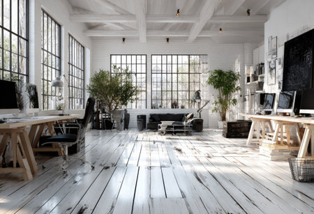Bright, spacious office interior showcases an open-plan design with large windows. The room is bathed in natural light, highlighting the white wooden floors and beams. Green plants add a touch of nature. This image could be used for commercial projects, including website designs and advertising materials.の素材