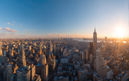 An expansive view showcases a sprawling cityscape under a clear, bright sky during the late afternoon. The image captures numerous high-rise buildings in a comprehensive perspective, illuminated by warm sunlight. This visual is suitable for various commercial applications, including marketing materials, editorial features, and digital content.の素材