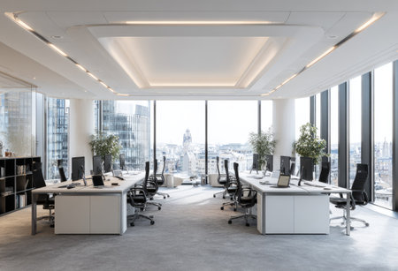 An interior view showcases a contemporary office space, featuring multiple desks and chairs arranged in a well-lit environment. The composition utilizes clean lines and a neutral color palette, complemented by large windows that provide ample natural light. This image would be suitable for illustrating themes related to business, workspace, or commercial projects.の素材