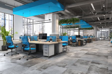 The image shows a modern office interior featuring rows of desks and chairs. The space has a contemporary design with large windows providing natural light. Blue accents, including chairs and ceiling elements, contrast against the neutral tones. This environment is suitable for business presentations or corporate advertising.の素材