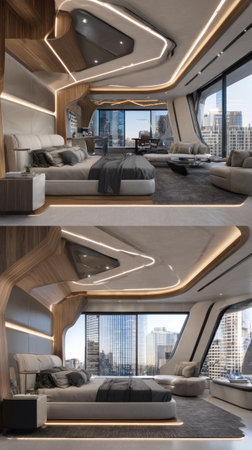 A luxury bedroom features a contemporary design with geometric lines, warm wood accents, and panoramic windows. The space incorporates ambient lighting and neutral colors creating a sense of sophistication. This interior scene could be used for architectural visualization, design presentations, or lifestyle imagery.の素材
