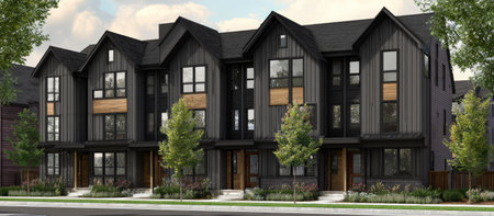 A contemporary architectural rendering depicts a row of modern townhouses. The buildings feature a dark, textured exterior with contrasting light wood accents. Large windows offer views, and small trees are planted in front. This image could be used for various commercial applications related to real estate, design, or construction.の素材