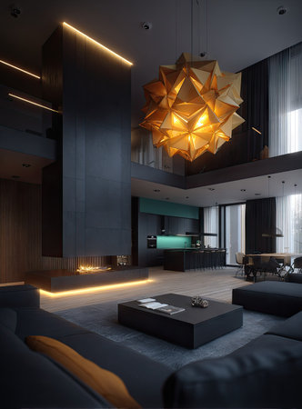 This image showcases a contemporary interior space dominated by dark tones and a large, geometric chandelier. The scene incorporates a fireplace, seating arrangements, and a hint of a kitchen area. The lighting casts a warm glow, highlighting textures and shapes. Suitable for architectural, design, or lifestyle editorial content.の素材