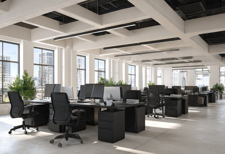 An open office interior showcases multiple workstations with computers. The scene features a minimalist design with white walls, large windows, and black desks. The lighting creates a bright and airy atmosphere, suitable for various business-related visual content and presentations.の素材