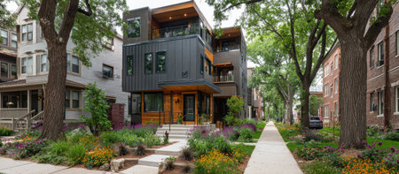 A contemporary multi-story home featuring dark siding, wooden accents, and a manicured front yard is the focal point. Surrounding mature trees and green foliage frame the house. The composition is well-lit, showing a clean pathway, suggesting an urban or suburban context suitable for real estate, architectural, or lifestyle content.の素材