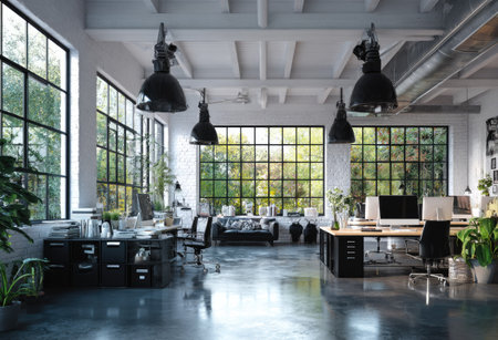 This interior shows a spacious office environment with large windows and industrial style design. The scene features desks, chairs, and various office equipment. The space is bathed in natural light, creating a bright and inviting atmosphere. Suitable for use in advertising, corporate presentations, or website design.の素材