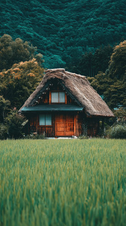 A wooden house with a thatched roof sits in a vibrant green field, with a forest in the background. The image showcases natural light and a vertical composition. The color palette consists of greens, browns, and blues. This image could be used for various editorial or commercial purposes.の素材