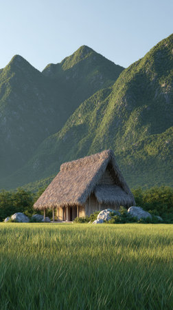 A thatched-roof cottage sits in a field of tall grass, with lush green mountains rising in the background. The natural lighting highlights the textures of the building and surrounding foliage. This image evokes a sense of tranquility and could be used for a variety of editorial or commercial purposes.の素材