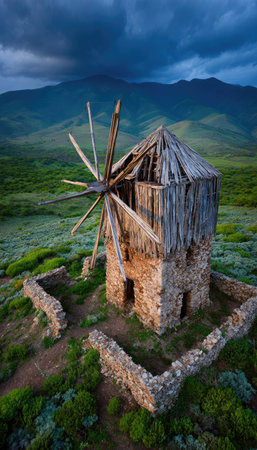 An old weathered windmill stands on a grassy hill, its wooden structure in disrepair. The stone base contrasts with the decaying wood, while a rugged stone wall surrounds the base. The scene is illuminated by soft light under a cloudy sky, and could be used for travel, nature or historical projects.の素材