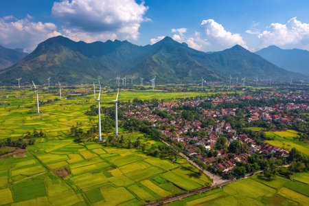 An aerial perspective displays wind turbines amidst a rural landscape featuring agricultural fields and a distant town. The scene showcases a combination of natural elements and technology, with mountains providing a backdrop. Ideal for commercial and editorial uses, the vibrant colors highlight the composition, suggestive of sustainable practices.の素材