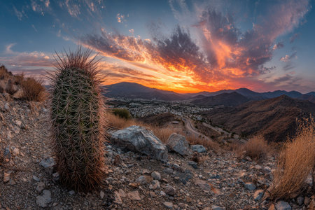 A vibrant desert landscape is presented, featuring a prominent cactus in the foreground. The image showcases the rugged terrain and a mountainous backdrop under a dynamic sunset sky. The warm colors of the sunset contrast with the cool tones of the landscape. Suitable for use in various commercial and editorial applications.の素材