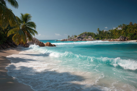 The image captures a coastal landscape featuring turquoise ocean water and white foamy waves. The composition includes a sandy beach, rocky outcrops, and lush green vegetation. The scene is bathed in natural sunlight, suggesting a warm day, suitable for various commercial and editorial purposes.の素材