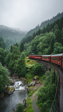 A red train winds through a lush green forest, crossing a stone bridge over a river. The image features a vertical composition, with vibrant colors and a natural atmosphere. The scene is bathed in soft, diffused lighting, suggesting a cloudy or overcast day. This image could be used for travel, transportation, or nature-related projects.の素材
