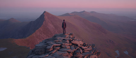 A lone figure stands atop a rocky mountain ridge, silhouetted against a dusk sky. The image is bathed in warm hues of pink and purple, suggesting a sunset. The texture is soft and atmospheric. The composition may be suitable for travel, adventure, or inspirational themes.の素材