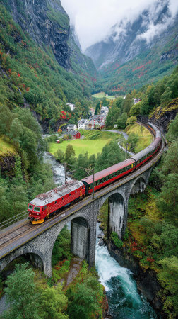 A bright red train traverses a stone bridge in a picturesque mountain landscape. The image displays a vibrant color palette with deep greens, the sky's muted tones, and the train's red hue. The composition highlights the bridge spanning a river, with a town nestled below. This image could be used in travel publications or promotional materials.の素材