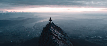 A silhouetted person stands atop a rugged mountain peak, surveying the vast, misty landscape. The composition features cool tones, with shades of blue and gray dominating the scene. Atmospheric perspective adds depth, and the lighting suggests a sunrise or sunset. The image is suitable for editorial or commercial use.の素材