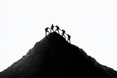 A black and white image features a group of people silhouetted atop a mountain. They are linked together, their forms contrasting against the bright background. The composition suggests a struggle and accomplishment, ideal for illustrating themes like teamwork or overcoming challenges. This could be used for various editorial or marketing projects.の素材