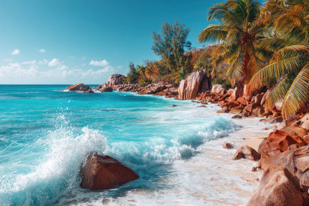 The image depicts a tropical beach scene featuring turquoise water and crashing waves. Sunlight illuminates the shore, highlighting the sand and rocks. Lush green palm trees and vegetation provide a natural backdrop. Suitable for travel, tourism, or environmental-themed projects.の素材