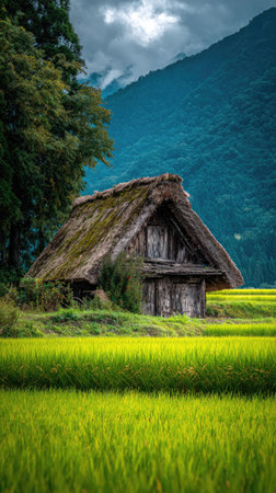 An old wooden hut sits in a field of bright green grass. The scene features a weathered structure under a thatched roof, set against a backdrop of lush green hills and a cloudy sky. The composition utilizes natural light, suggesting a tranquil outdoor environment, suitable for various visual media.の素材